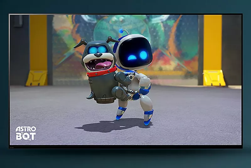 a sony bravia 8 ii oled tv showing characters from the astro bot game on its screen