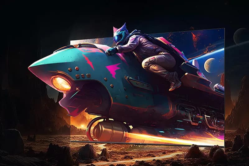 a painting of a person riding on a rocket coming out of a tv