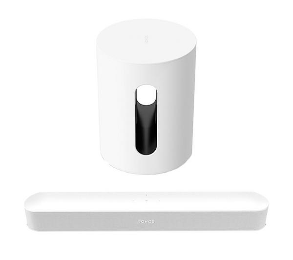 SONOS Beam (Gen 2) Compact Sound Bar & SUB Mini Wireless Subwoofer Bundle - White