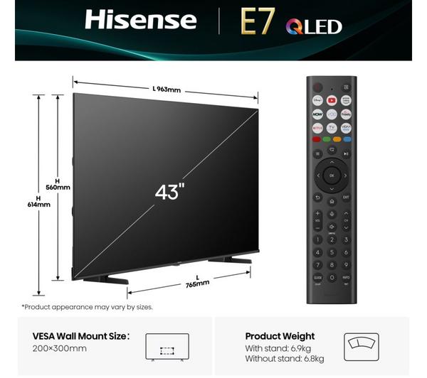 HISENSE E7Q 43\" QLED 4K Smart AI TV with Freely - 43E7QTUK